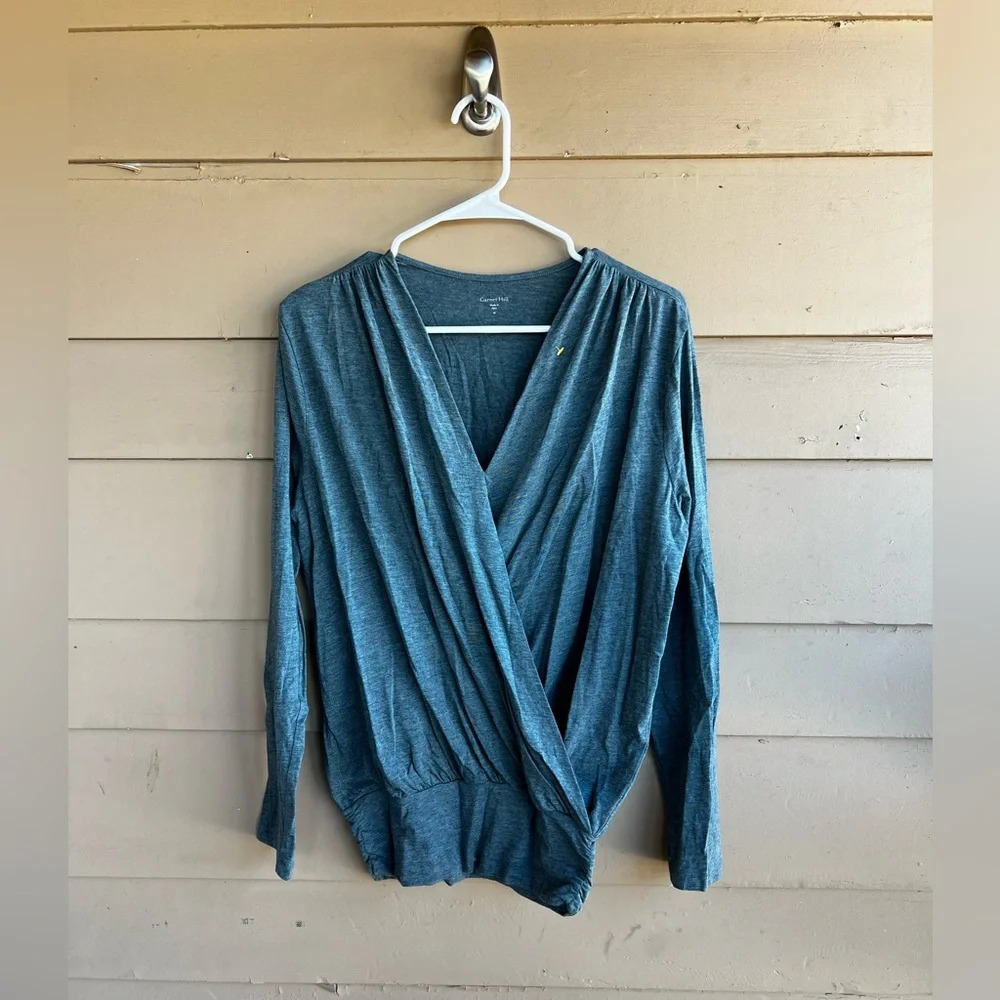 Garnet Hill Teal Draped Wrap-Front Long Sleeve Top